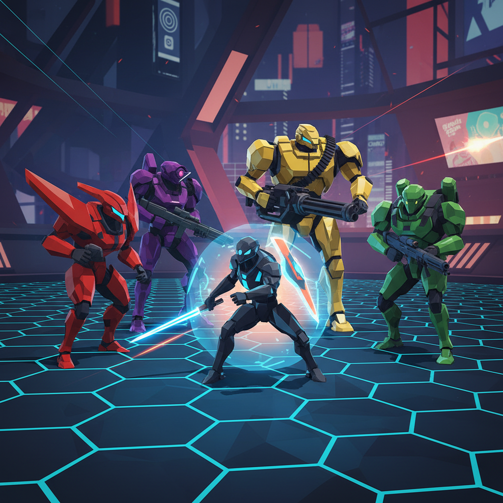 四種獨特輪廓的敵人包圍玩家的競技場戰鬥畫面