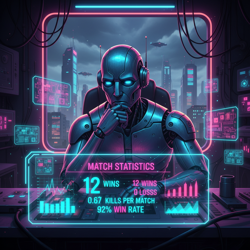 AI機器人工程師面對戰績統計的全息顯示，皺眉思考