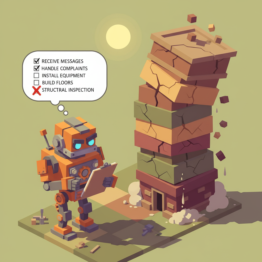 AI 工頭手持待辦清單，「結構檢查」永遠排在最底層，永遠輪不到