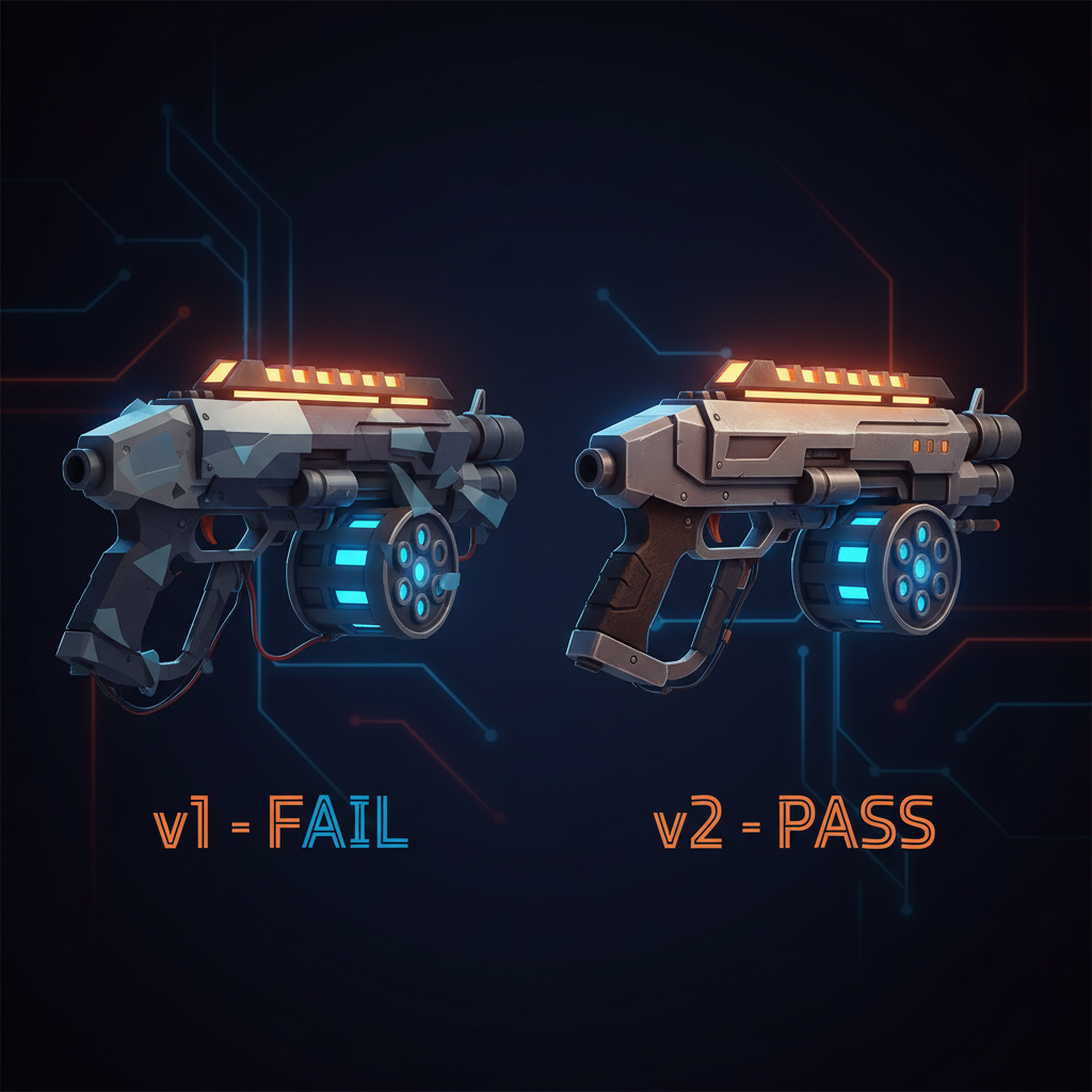 v1 scatter shotgun with floating parts vs v2 with clean silhouette and connected geometry