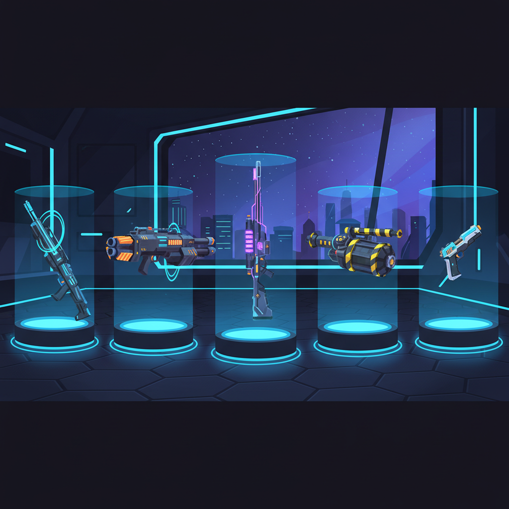 Five weapons rotating on holographic display pedestals in the game lobby