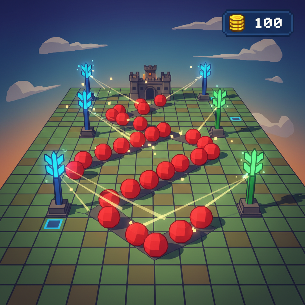 第一波敵人逼近，HUD 顯示 100 金幣的緊張開局