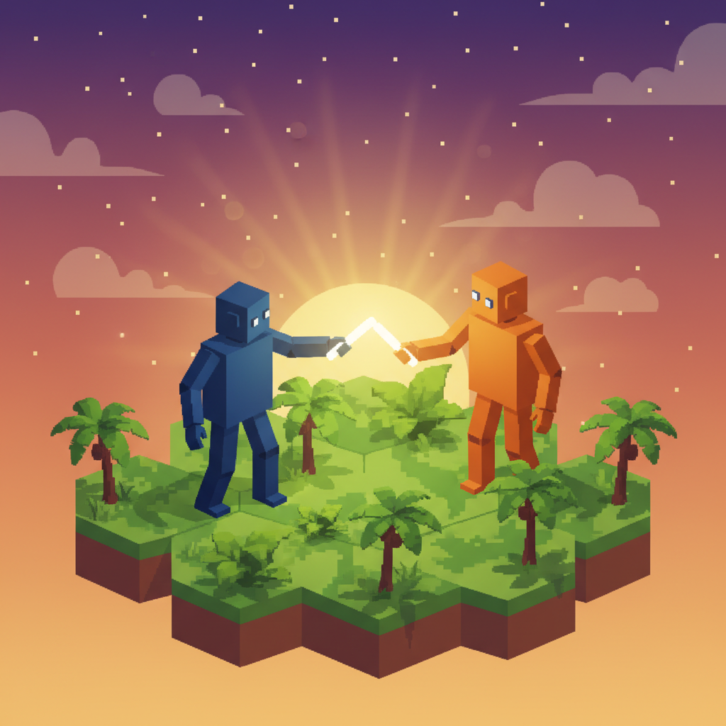 低多邊形風格：Midnight（深藍）和 Dusk（橙色）在叢林平台上傳遞接力棒