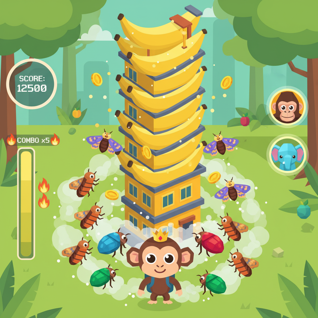 低多邊形手機遊戲畫面：猴子在 9:16 直版螢幕裡對抗蟲群