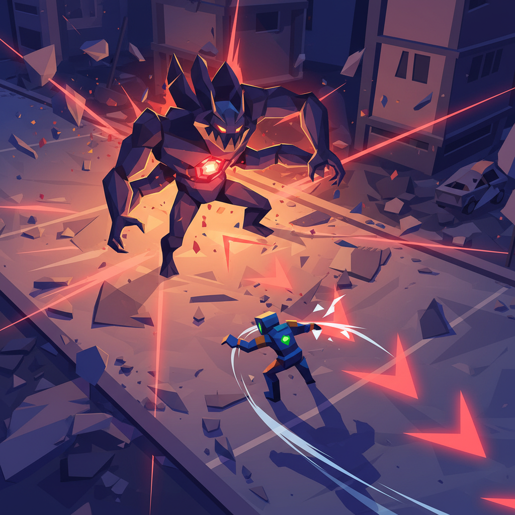 Boss 衝鋒攻擊，地面紅色警告線閃爍，玩家角色閃避中