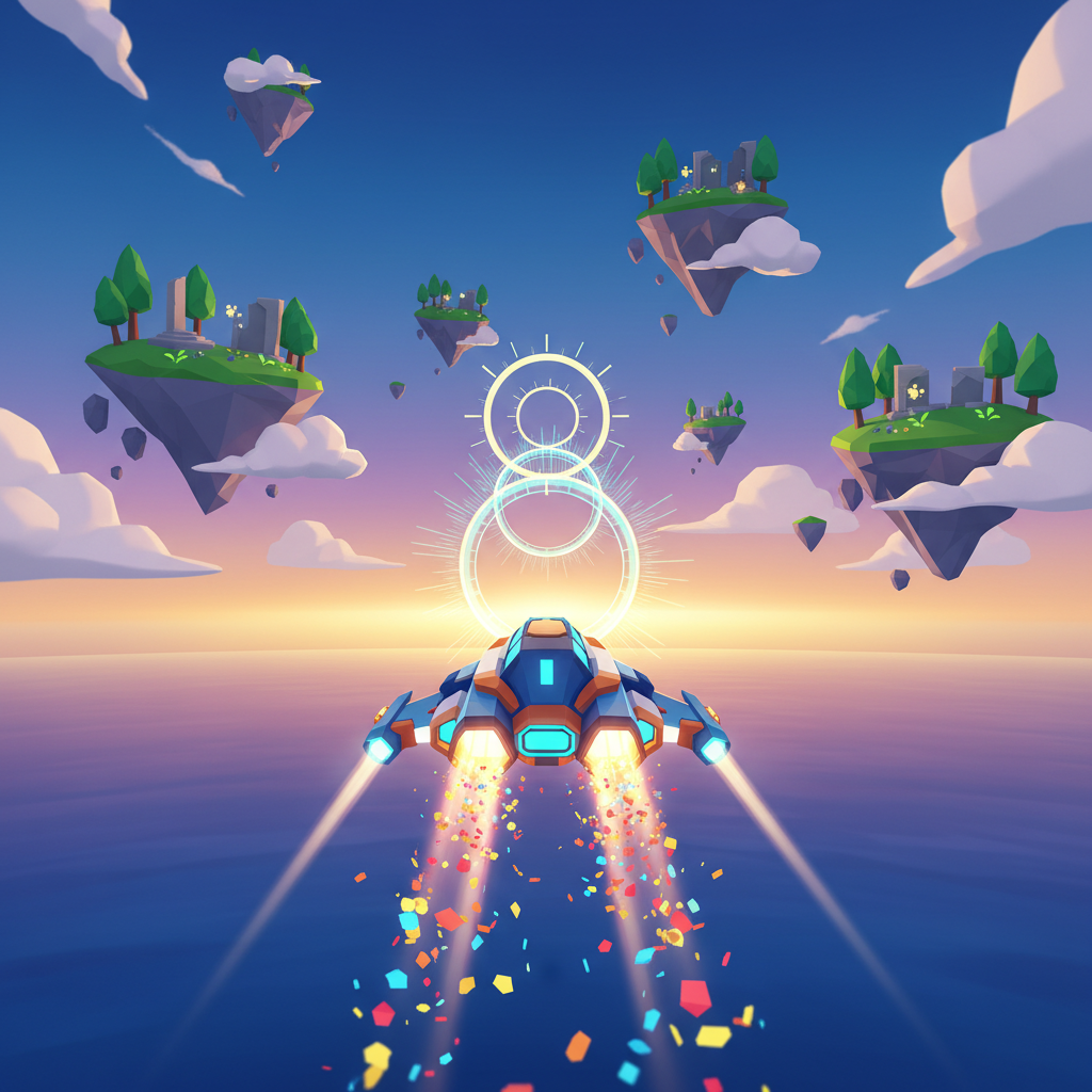 The spaceship flying toward a glowing trial ring through the clouds