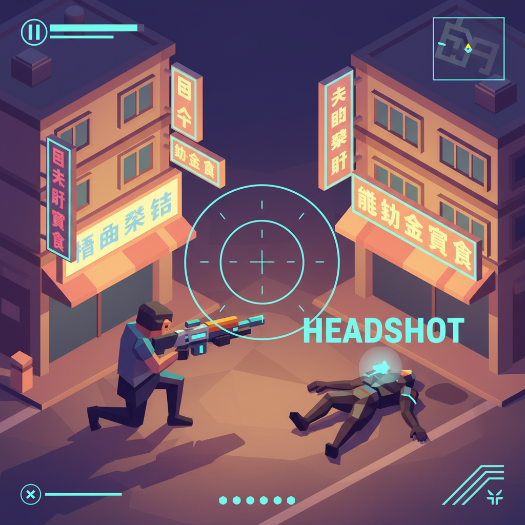 HEADSHOT 出現的那一刻：青色數字、擴張的準心、倒下的低多邊形敵人