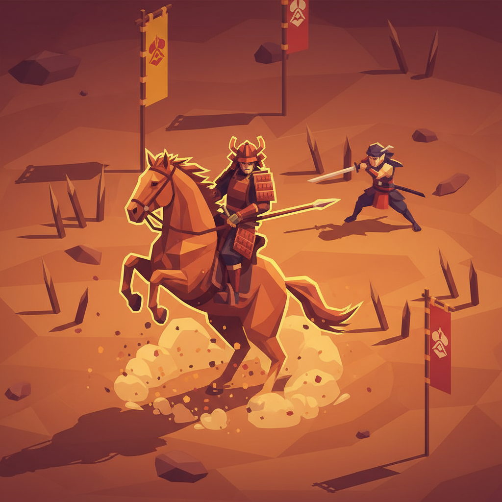 Low-poly cavalry warrior rearing up before charge, player preparing to dodge in background