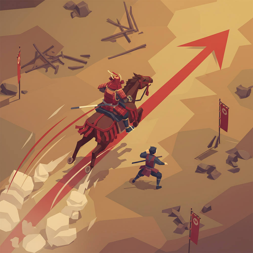 Cavalry warrior charging in a straight line, player stepping to the side to dodge, dust trail visible