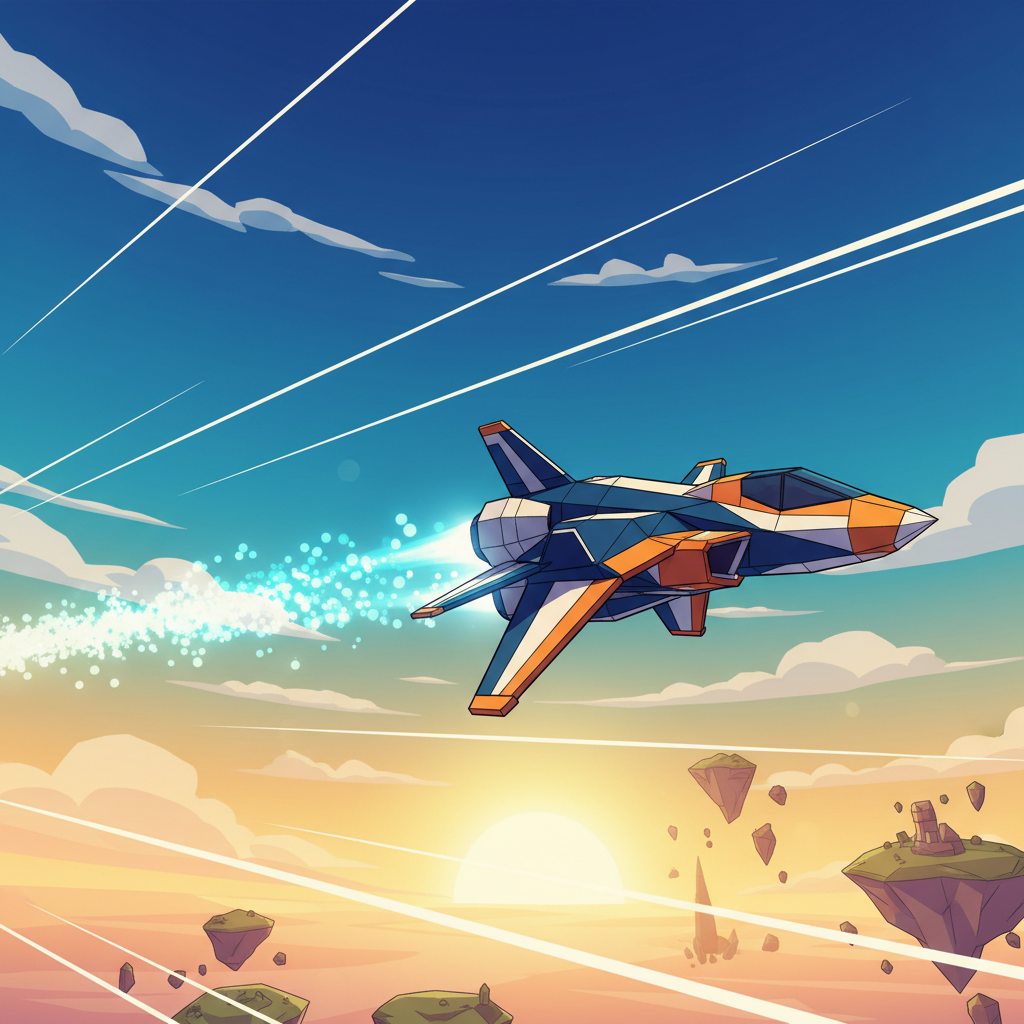飛船在藍色天空中飛行，cel-shading 輪廓線清晰可見，青色能量尾跡從引擎噴出