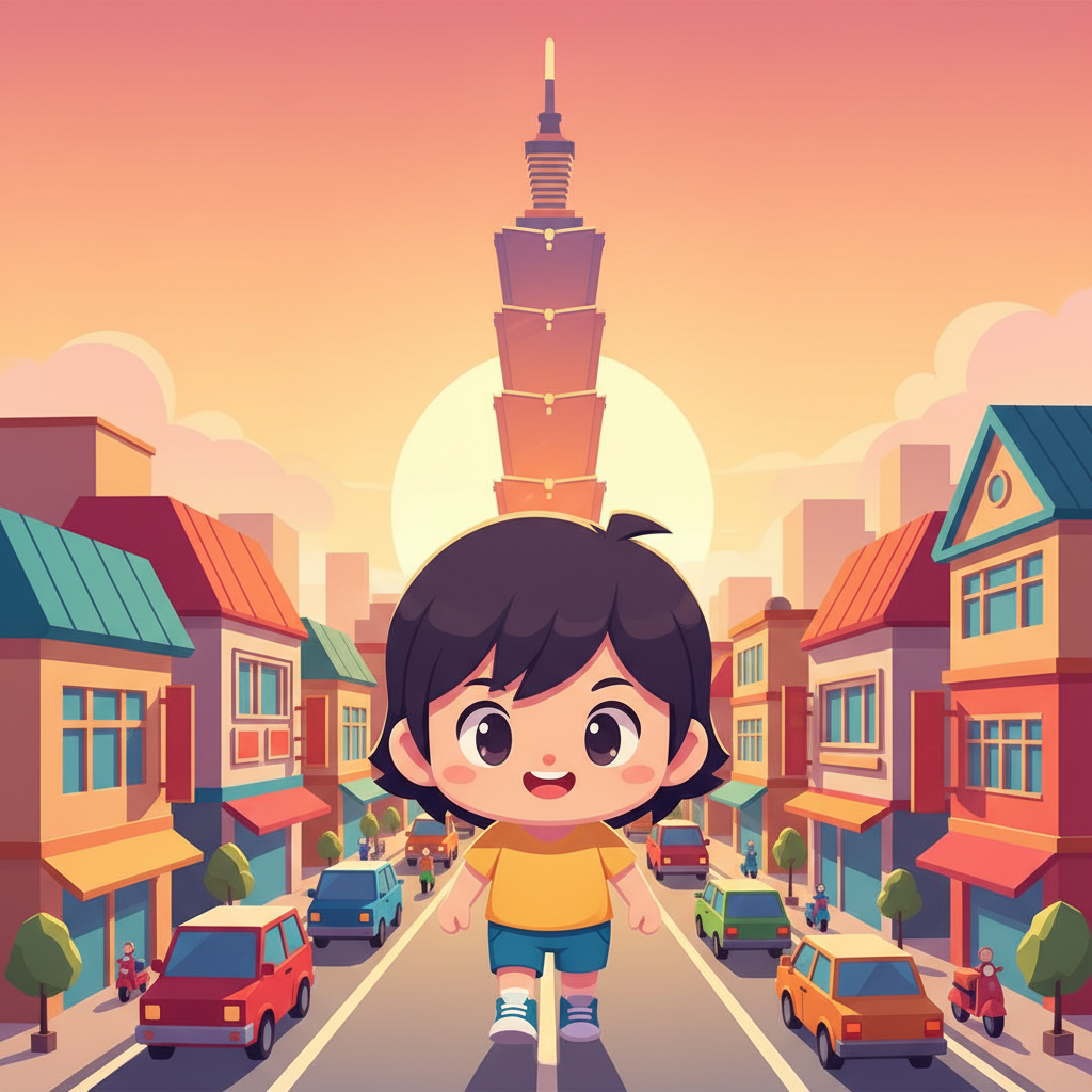 A chibi-style character walking through low-poly Taipei streets with Taipei 101 in the background