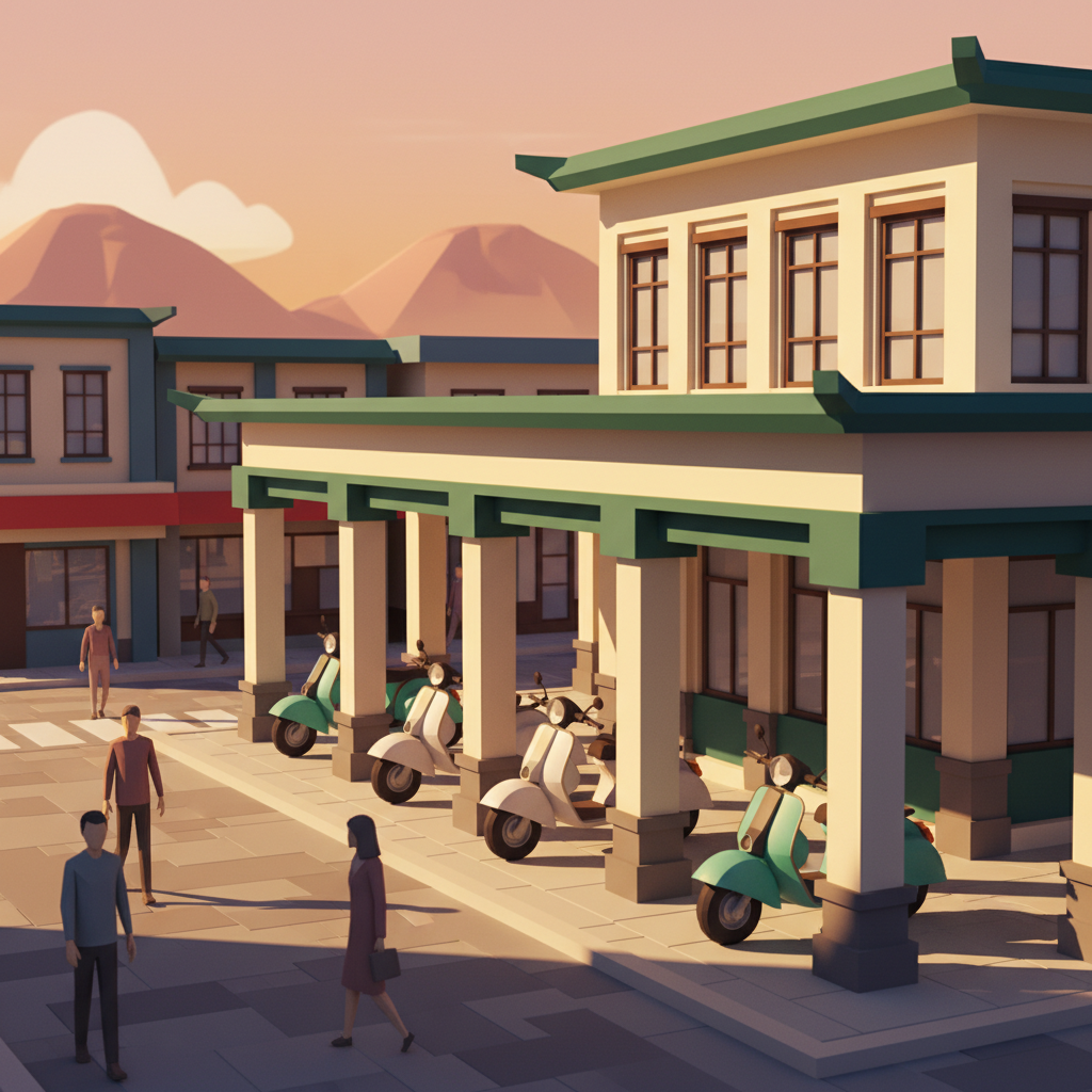 White and teal-green scooters parked under an arcade walkway, waiting for riders