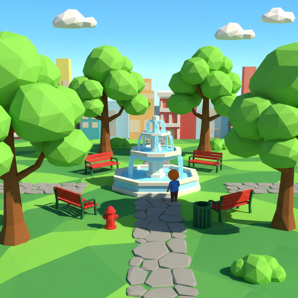 公園噴水池場景，低多邊形城市