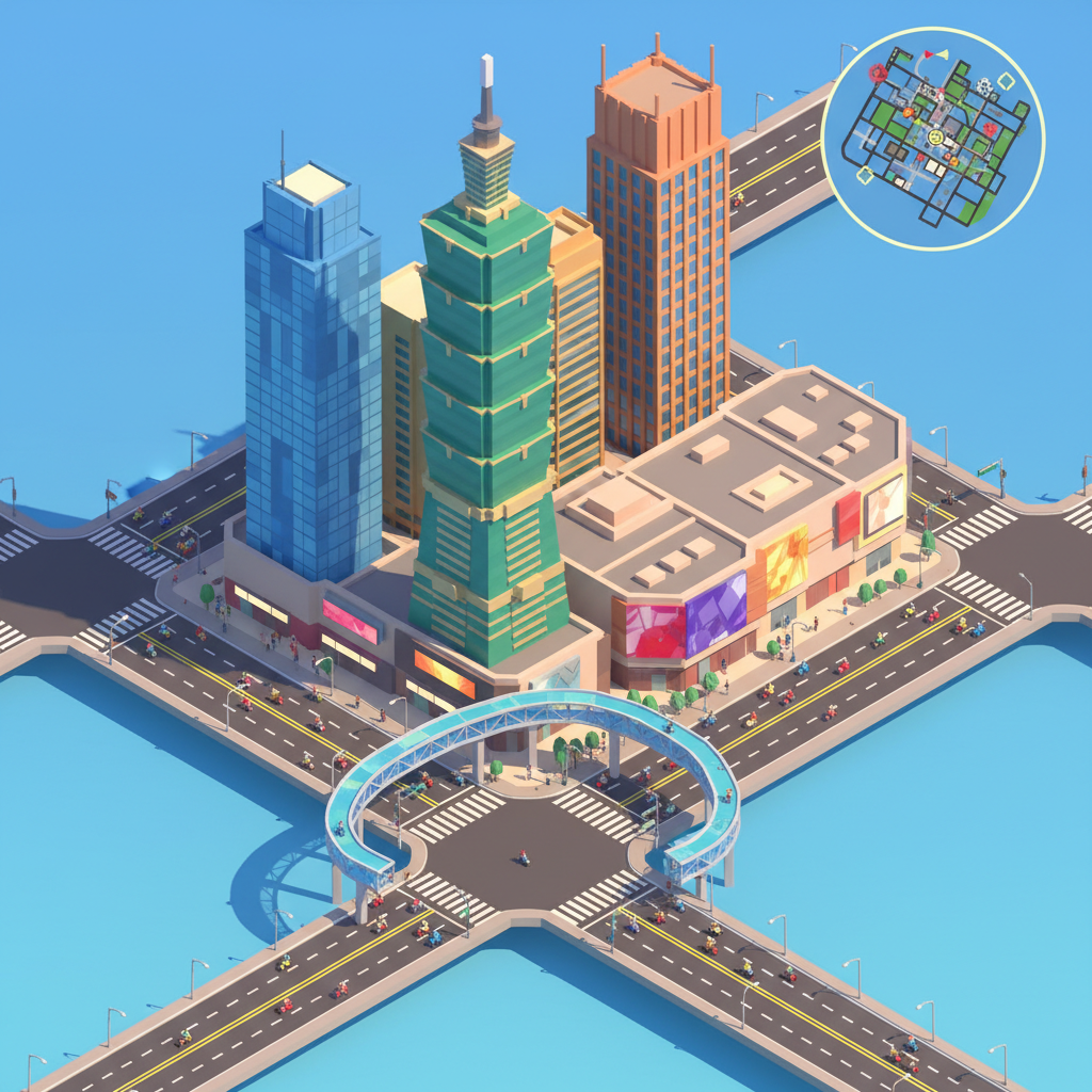 500×500m 的低多邊形信義區，五種辦公大樓矗立在路口