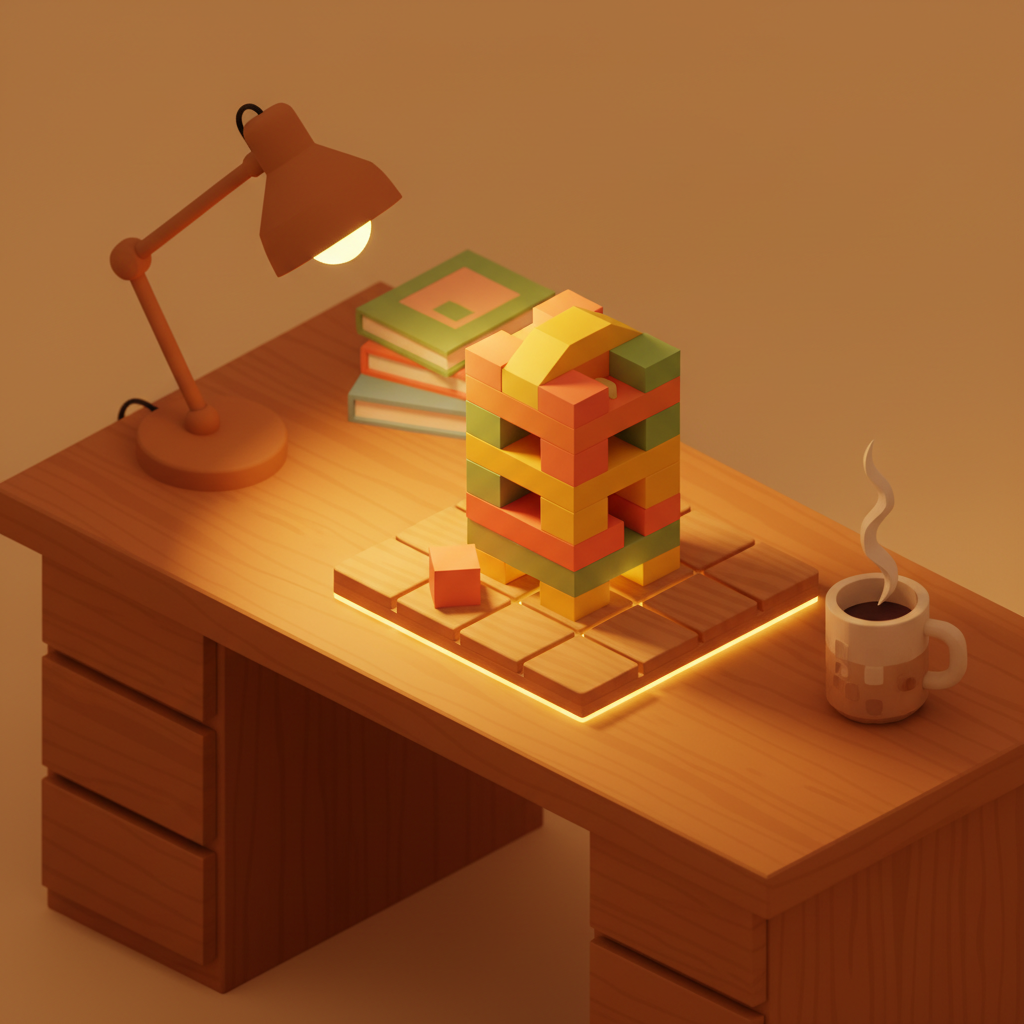 A low-poly wooden block tower on a warm desk with desk lamp and books in the background