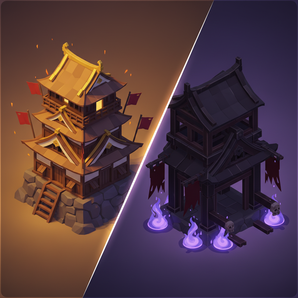 The 本陣 drum tower and enemy gate flanking the battlefield — gold versus darkness