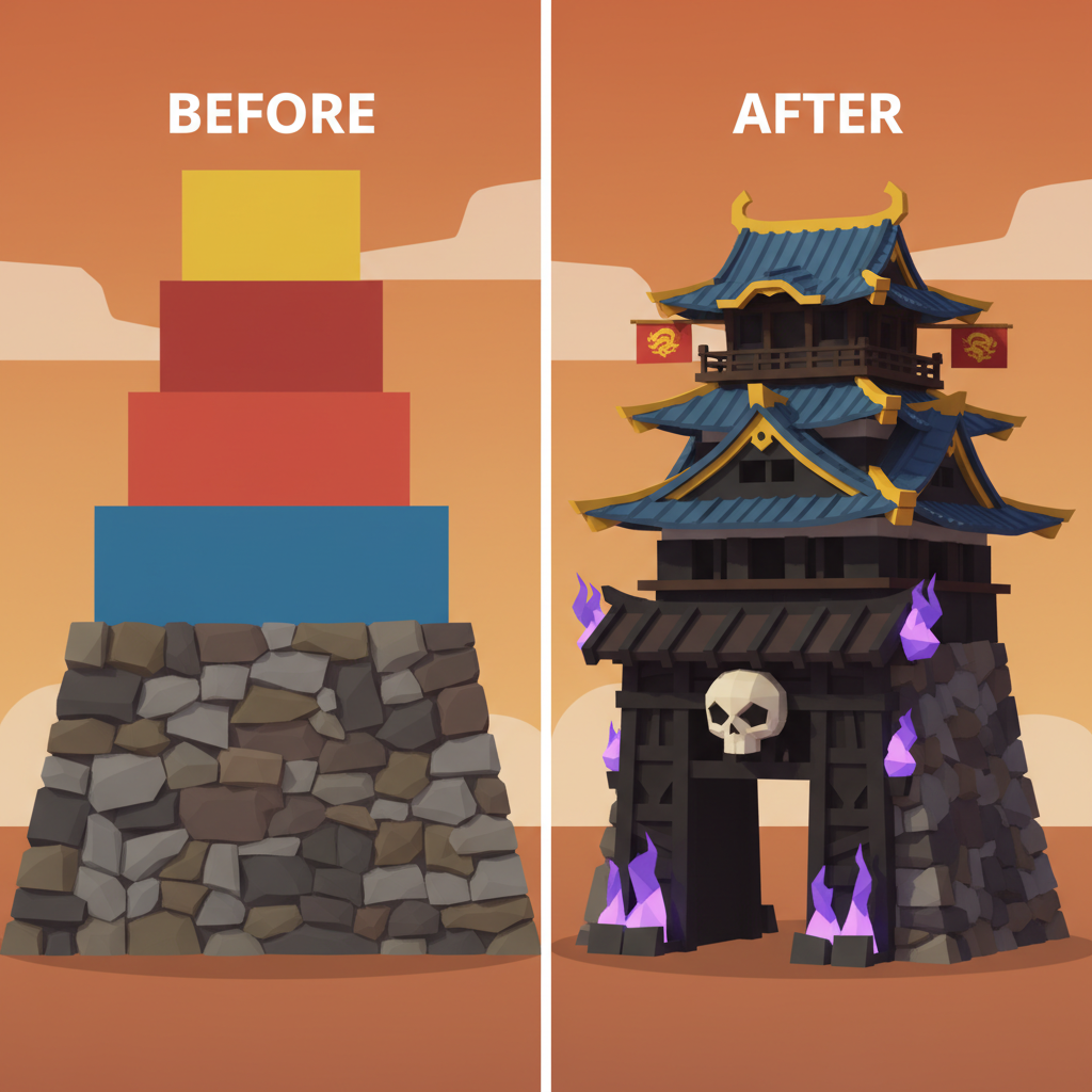 Before and after: from seven placeholder blocks to twenty-six crafted parts