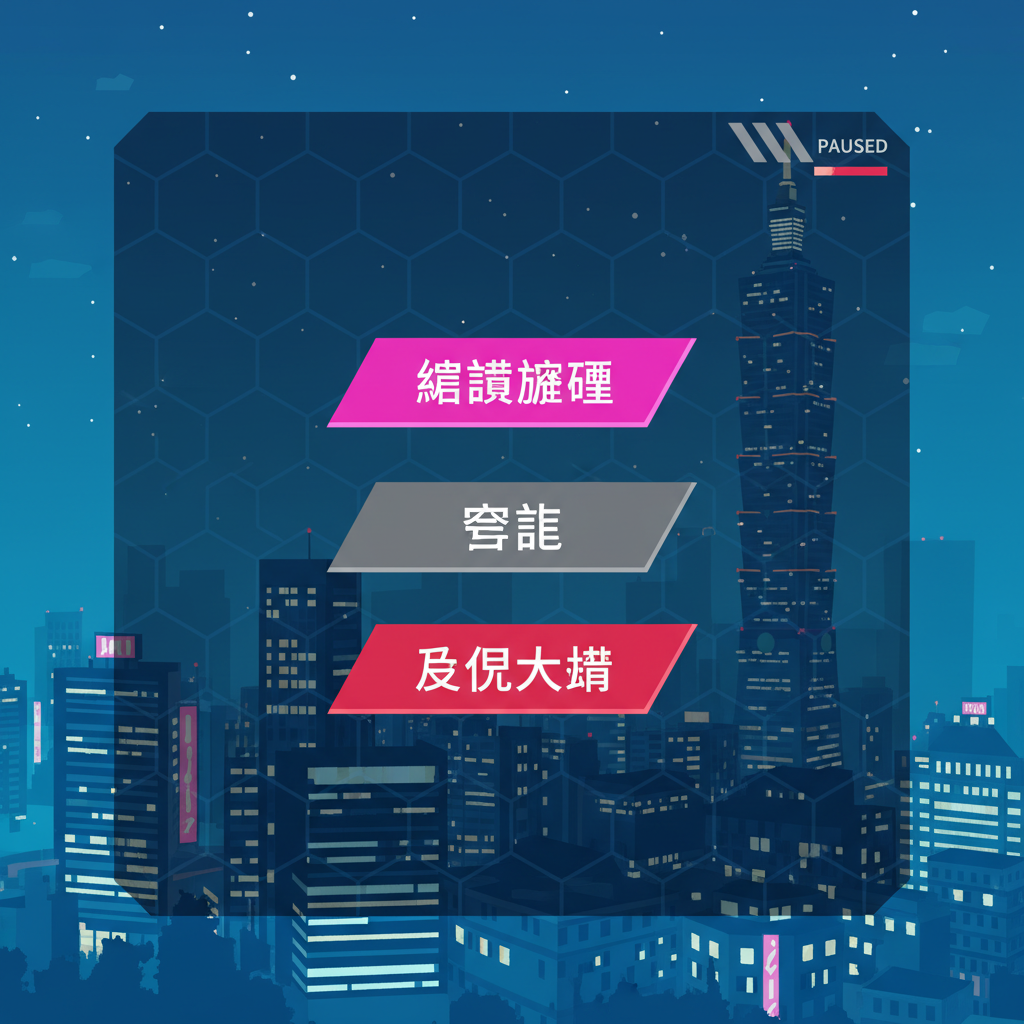 低多邊形台北城市夜景中，半透明暫停選單覆蓋，三個發光按鈕