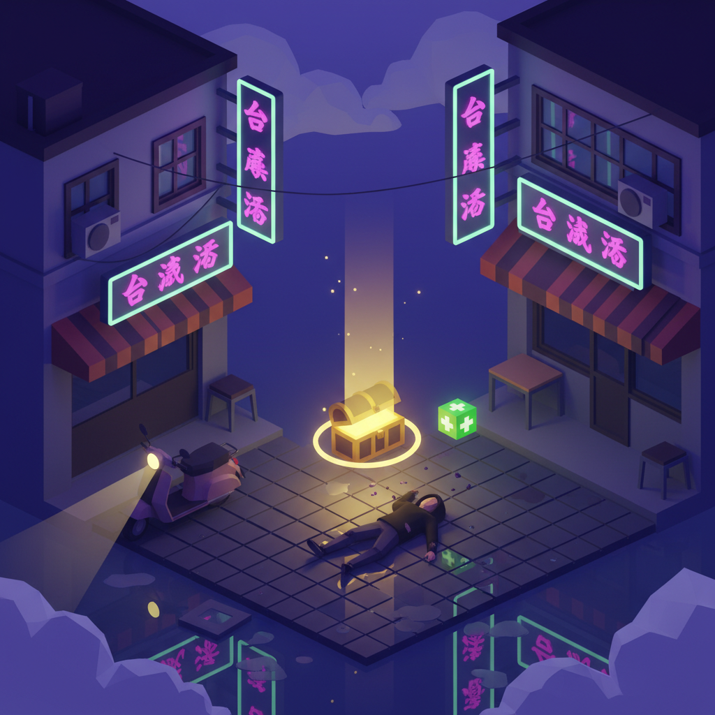 Golden loot boxes float above fallen enemies on a neon-lit Taipei street