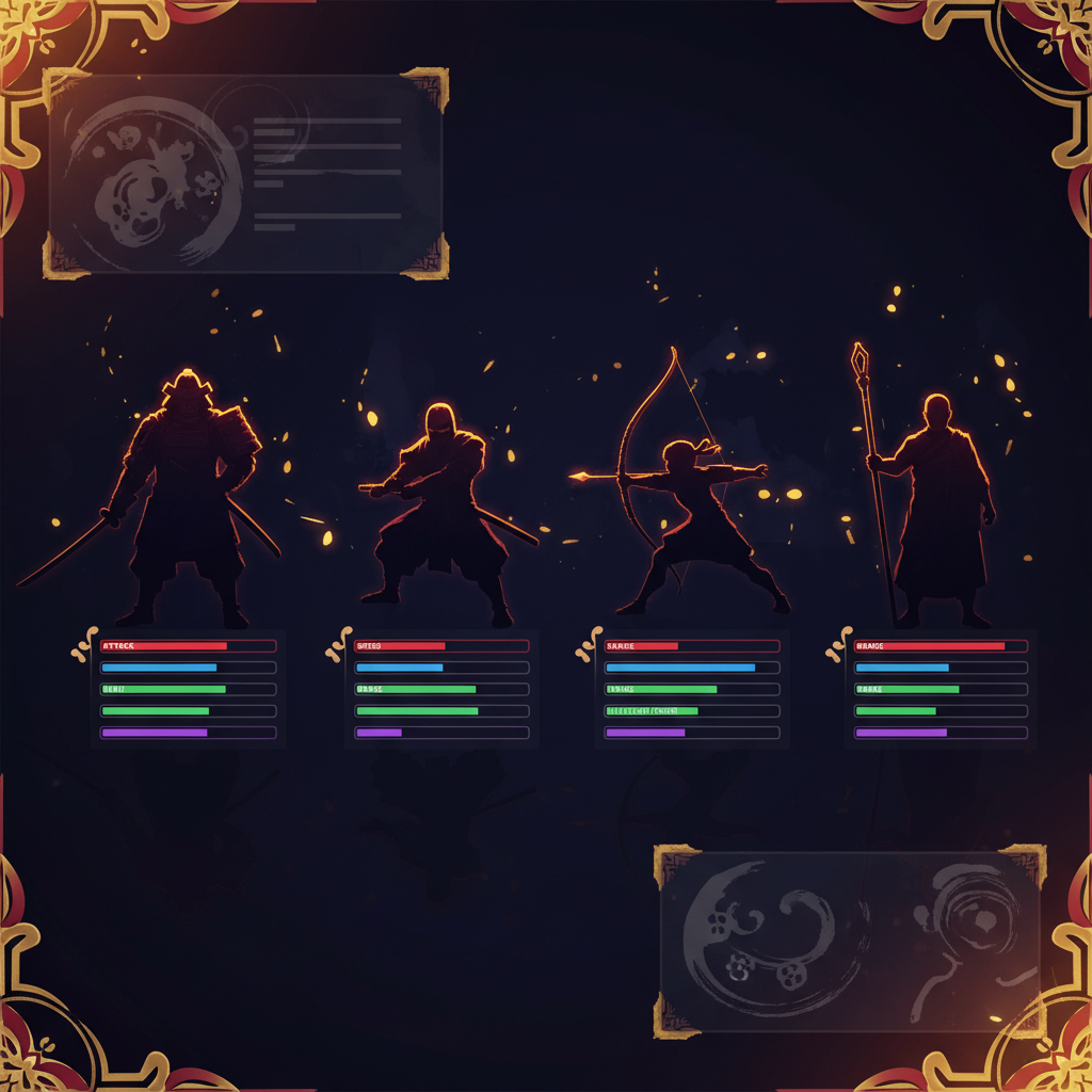 英雄選擇畫面，四名武將並排，各有主題色統計條與技能描述