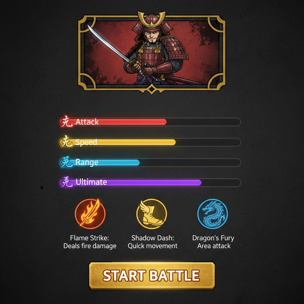 英雄能力面板的 UI 設計，統計條與技能說明清晰呈現