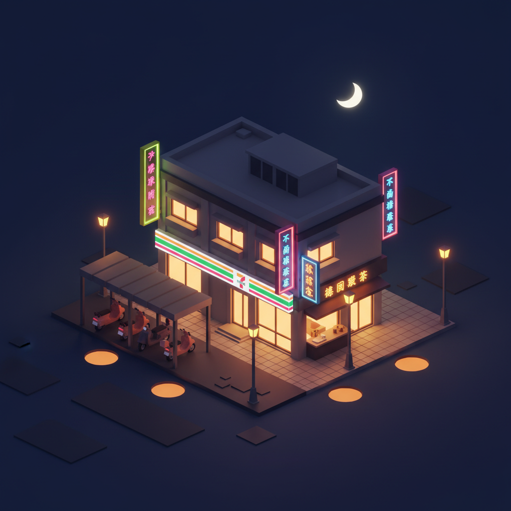 台北夜市低多邊形街景，霓虹招牌和路燈在黑暗中發光