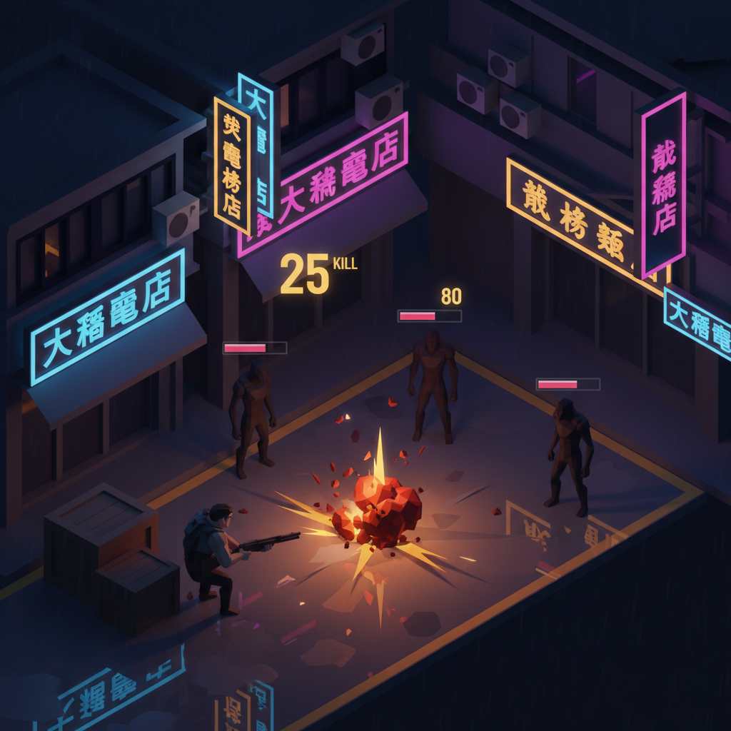 夜間低多邊形戰鬥場景：霰彈槍、浮動血條、手榴彈爆炸粒子