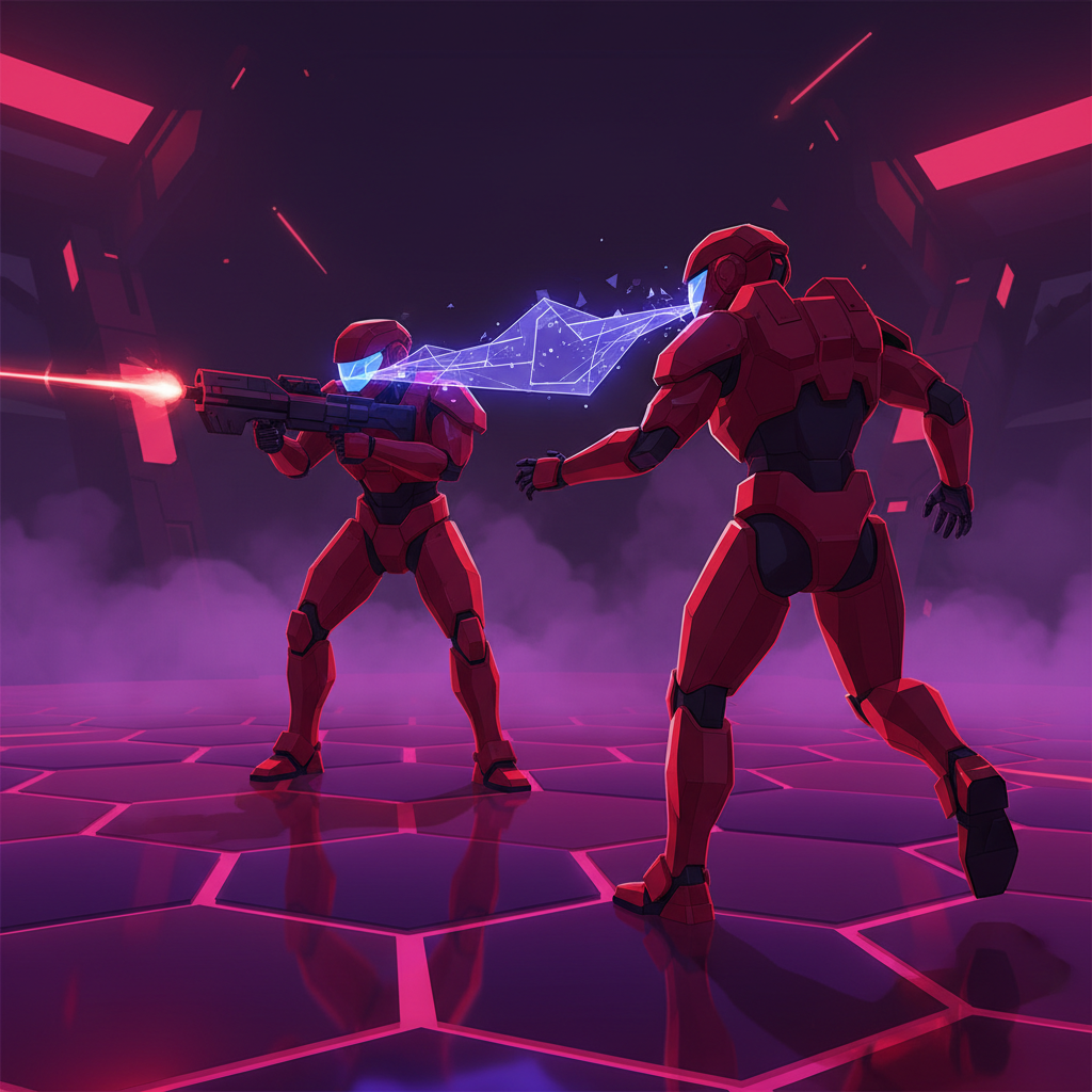 Close-up of two enemies sharing a holographic intel beam