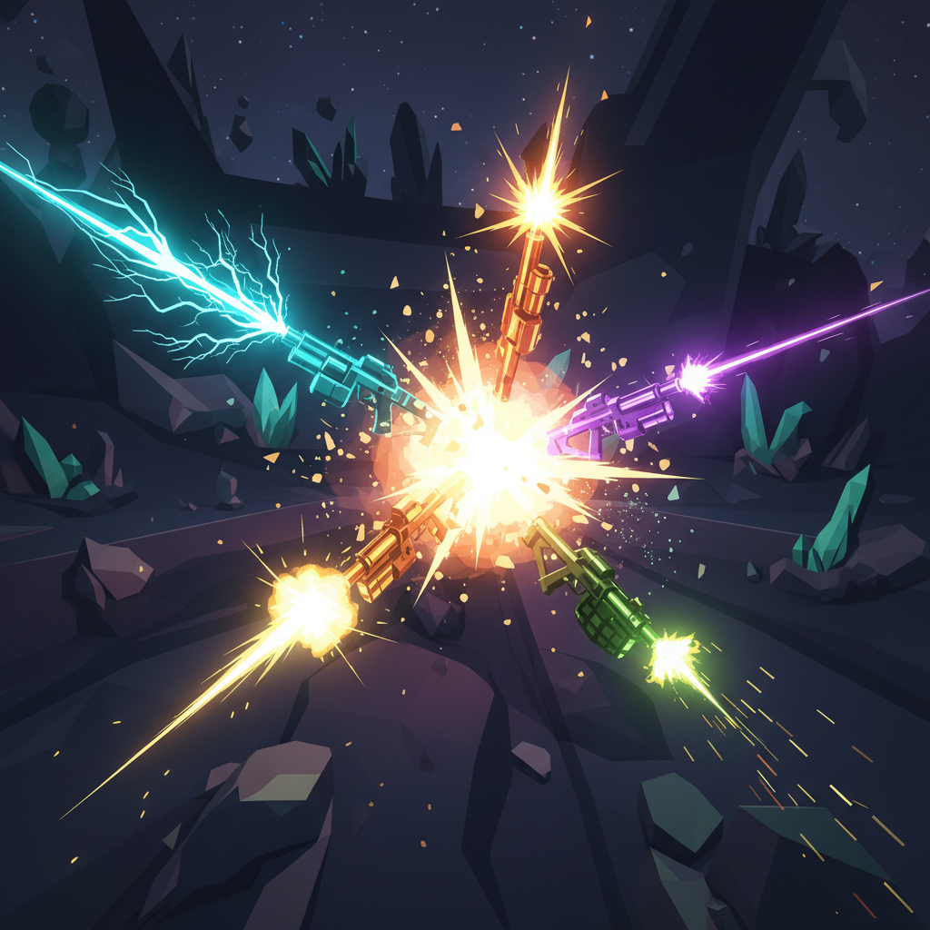 五把武器各有不同顏色的槍口火光，照亮競技場幾何