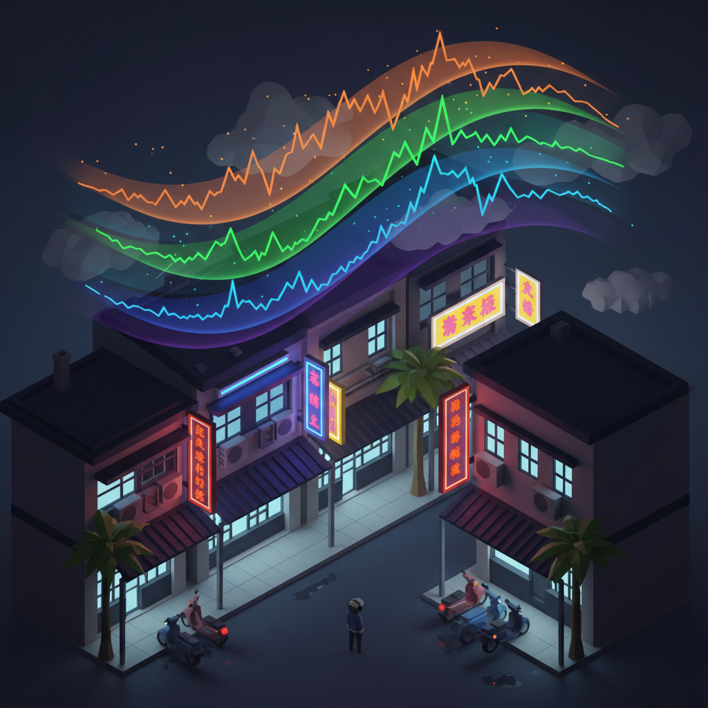 台北夜街，四層音樂層層疊疊地飄浮在空中