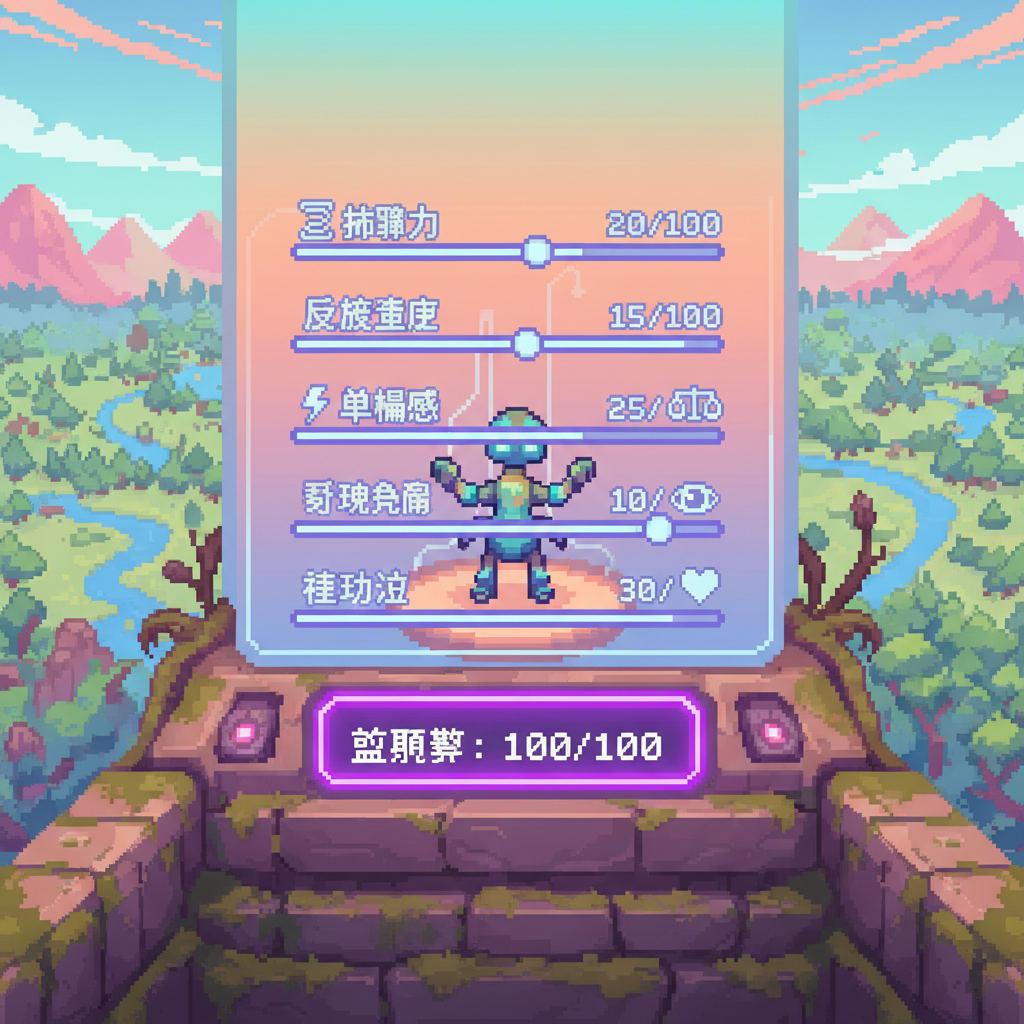 Stat allocation UI concept — five sliders, 100-point budget, where everything begins