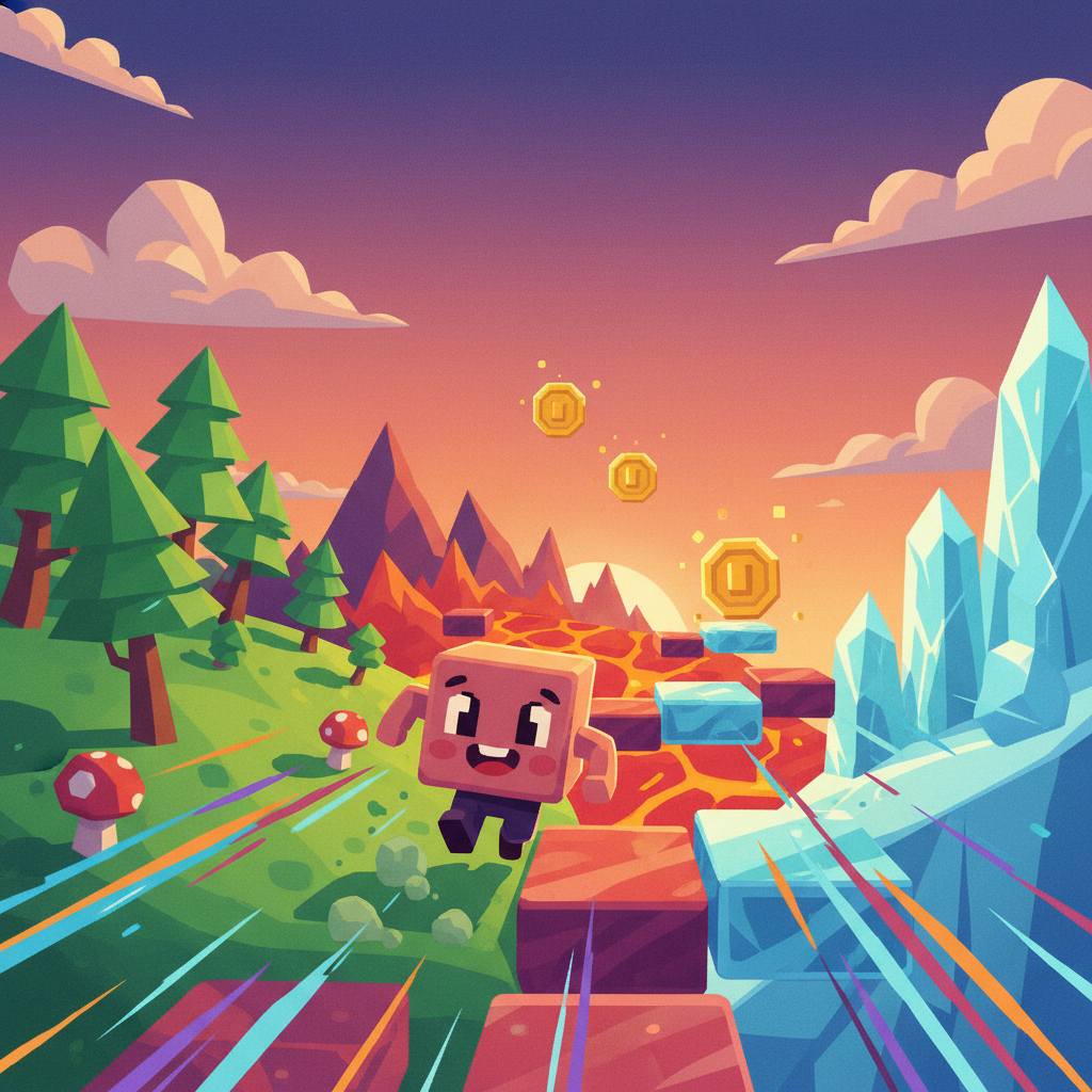 AI runner crossing procedural terrain — from forest to lava to neon cyberpunk