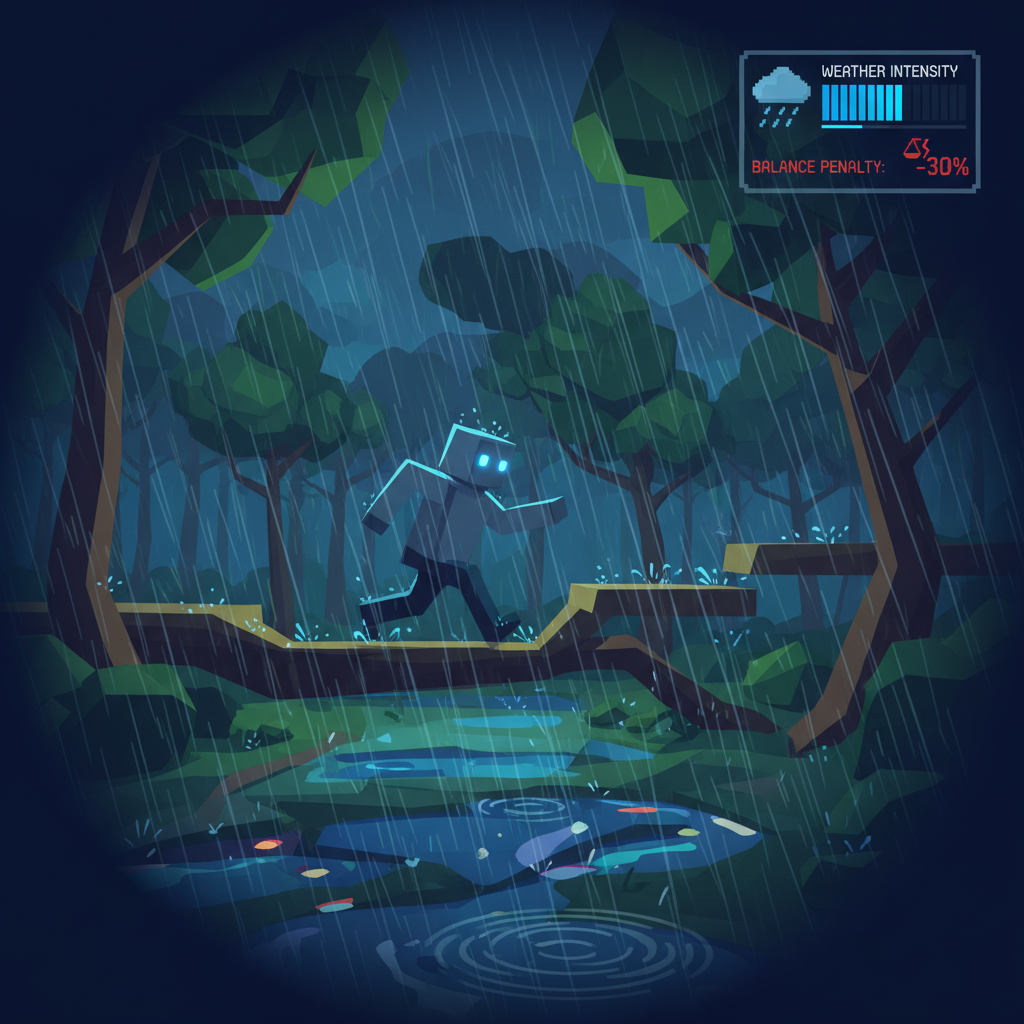 rushQ 森林賽道在大雨中，AI 角色衝過藍灰色雨幕