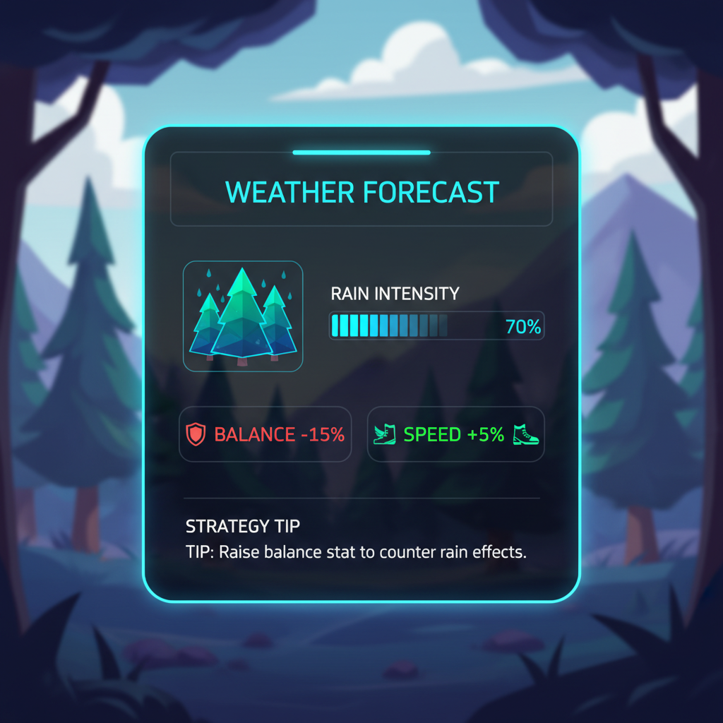 rushQ 天氣預報面板，顯示降雨強度、效果標籤與策略建議