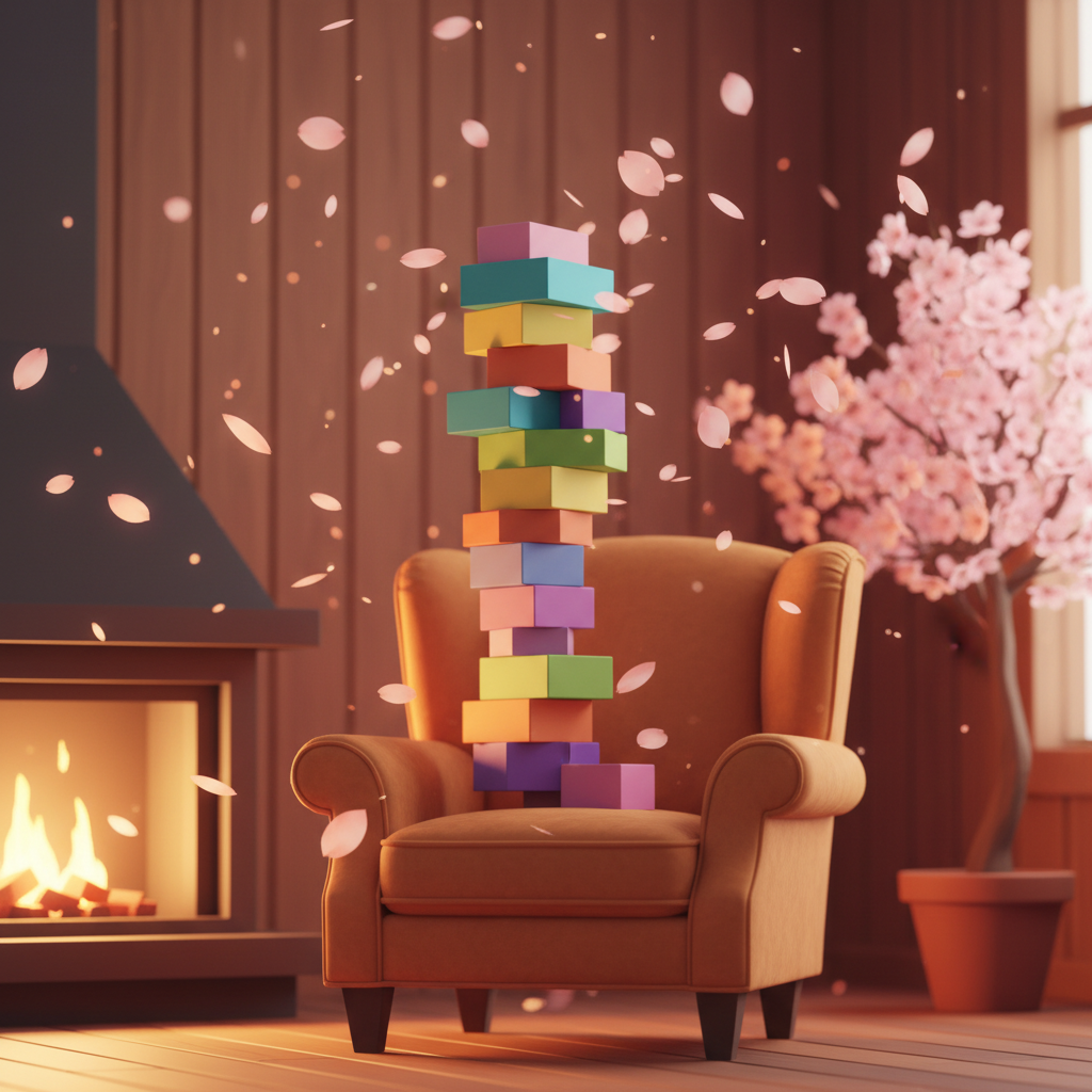 四月的積木場景裡，粉紅色花瓣輕輕飄落