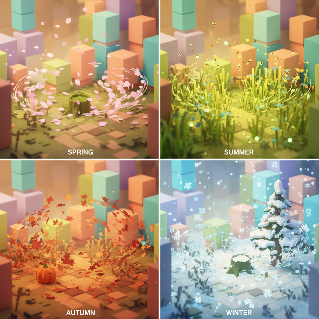 四季粒子系統：春櫻、夏螢、秋楓、冬雪