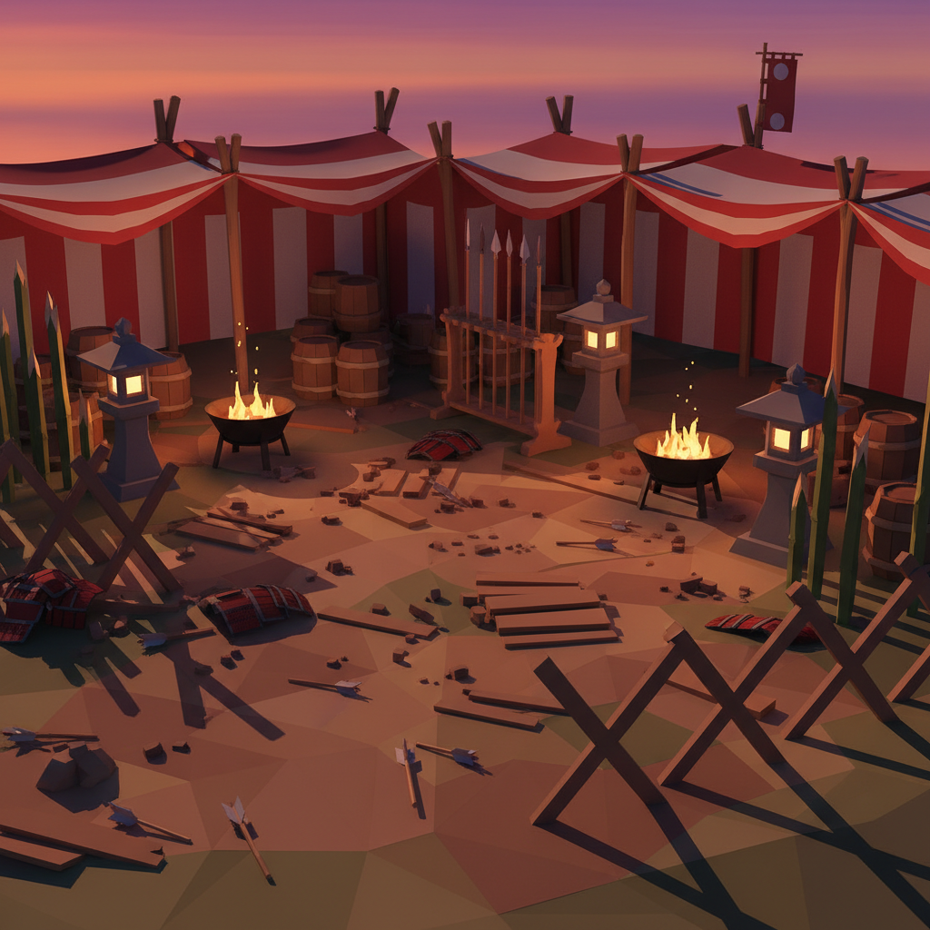 戰場裝飾全景：馬防柵、陣幕、焚火碗、武器架散布其間