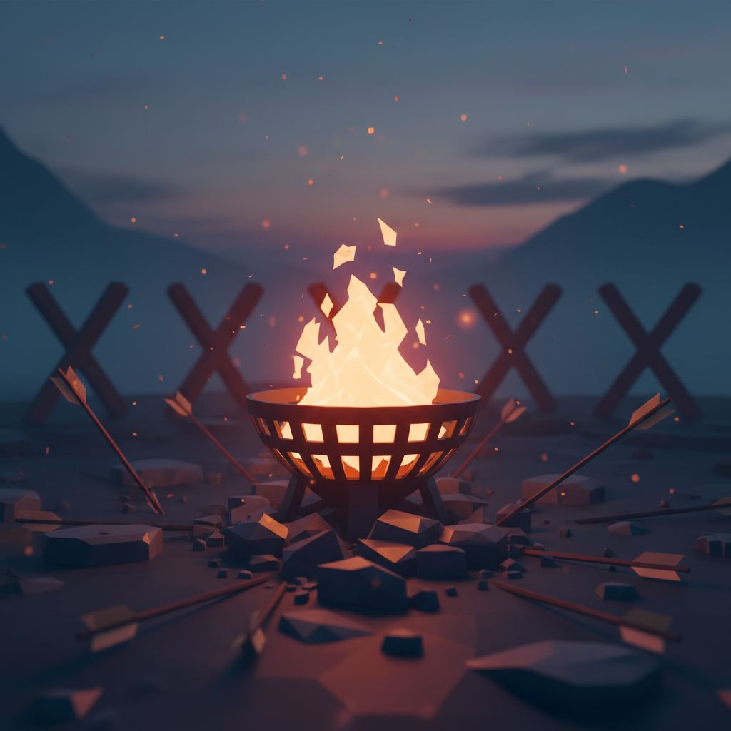 焚火碗的橙色火焰在暮色中燃燒，地面散落著斷箭殘骸