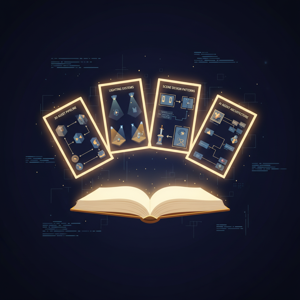 Four glowing game development blueprints fanning open from the darkness