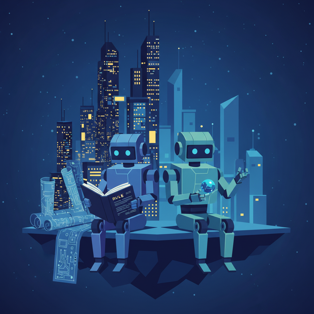 Two AI agents: one carrying a thick rulebook, one relying on a glowing memory chip