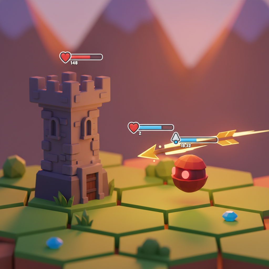 低多邊形箭塔特寫，石塔在綠色格子上，金色箭矢飛向紅色球形敵人，動態模糊效果，頭頂有 HP 血條