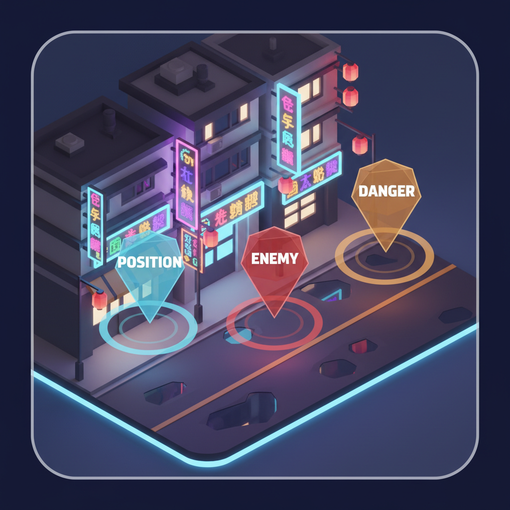 三種戰術標記浮在台北街頭上方：淡藍位置、紅色敵人、琥珀危險