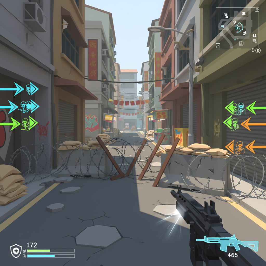 第一人稱視角，螢幕邊緣出現指向不同方向的隊友標記箭頭