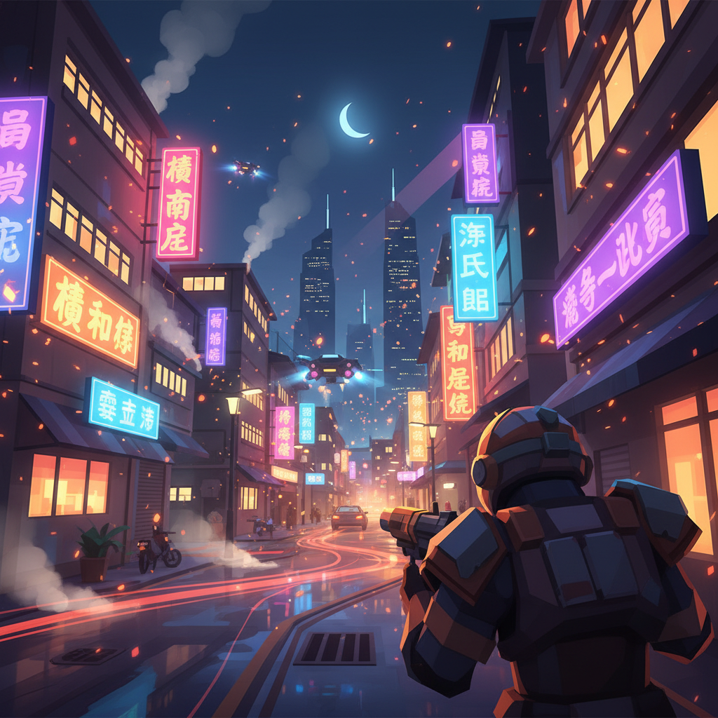 台北夜晚的螢火蟲粒子效果，低多邊形街景在大氣光線中