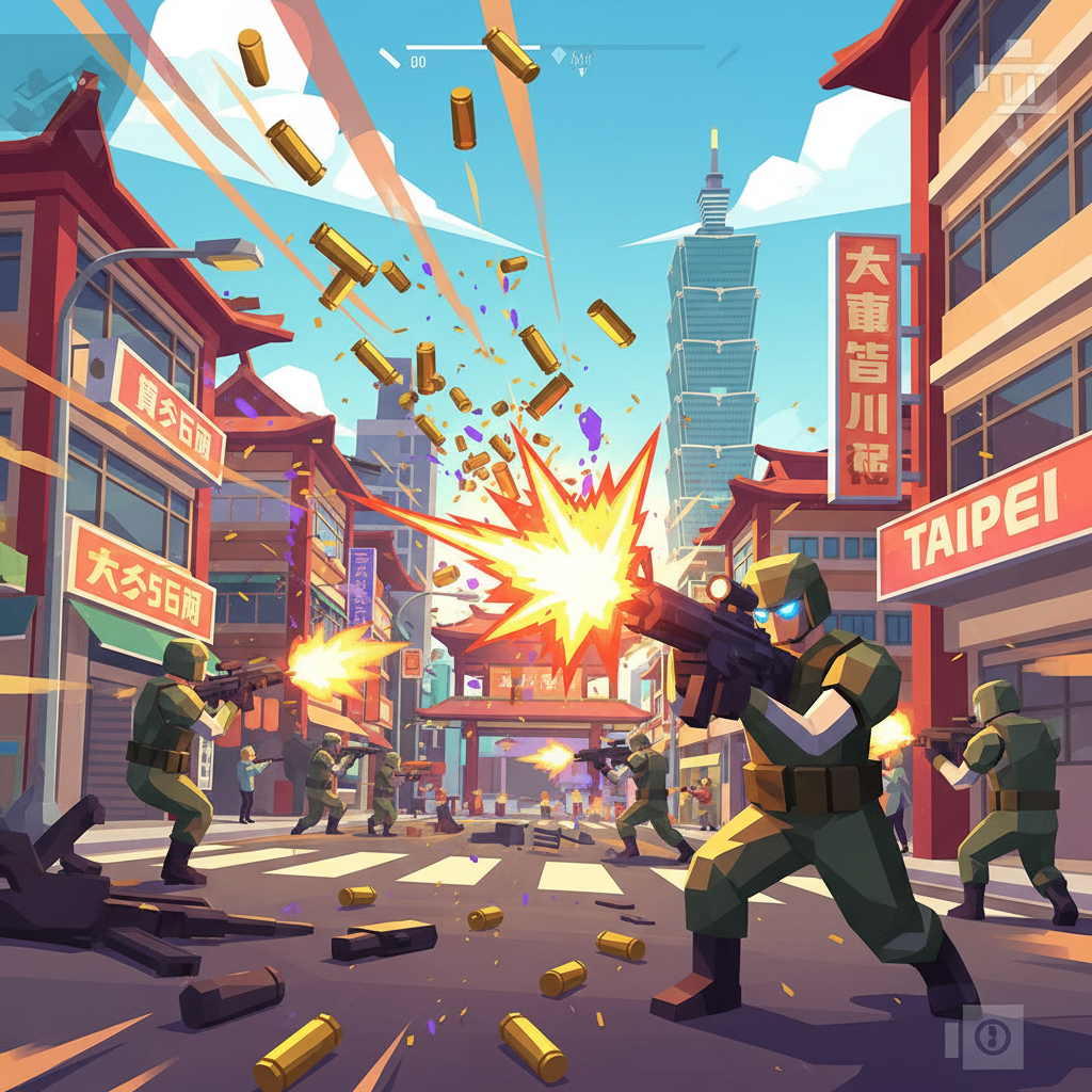 子彈彈殼在台北街頭戰鬥中飛出，低多邊形動作場景