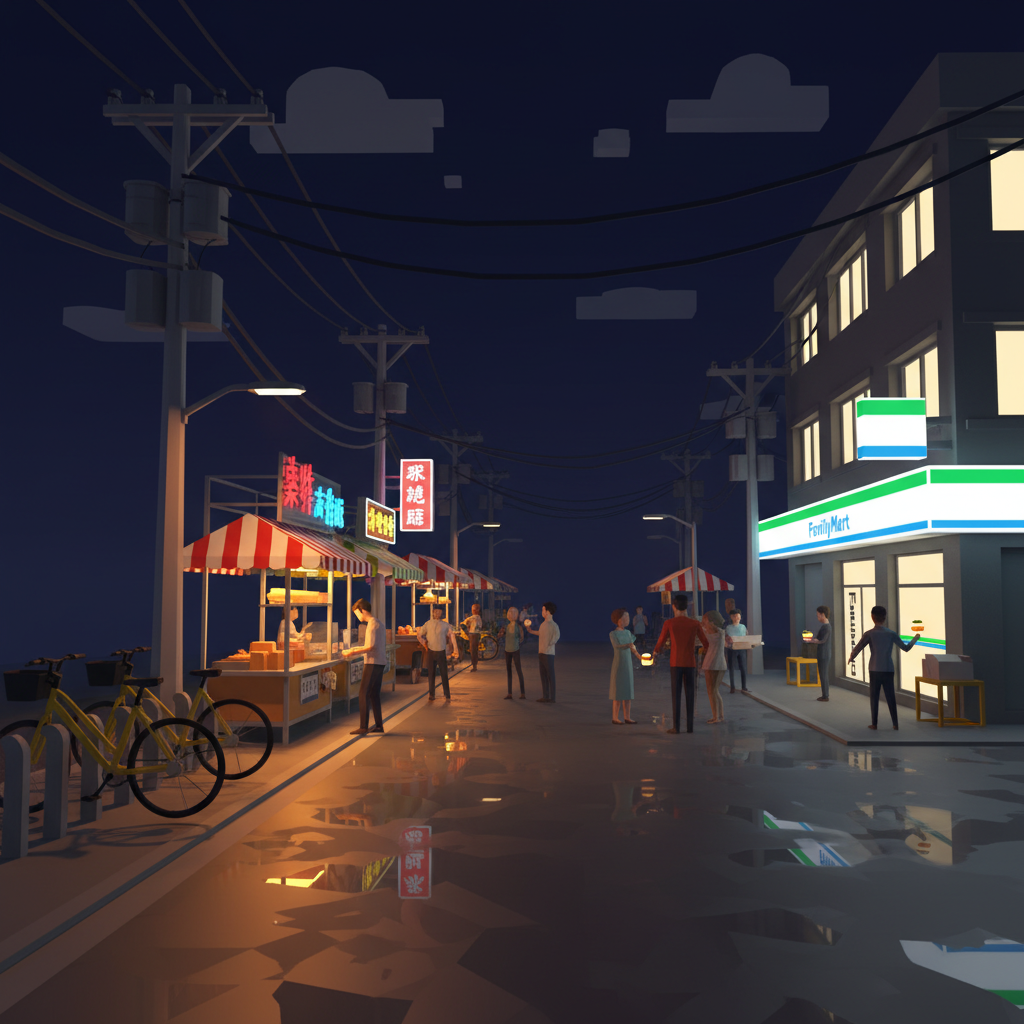 台北夜市街道與 YouBike 站的低多邊形場景