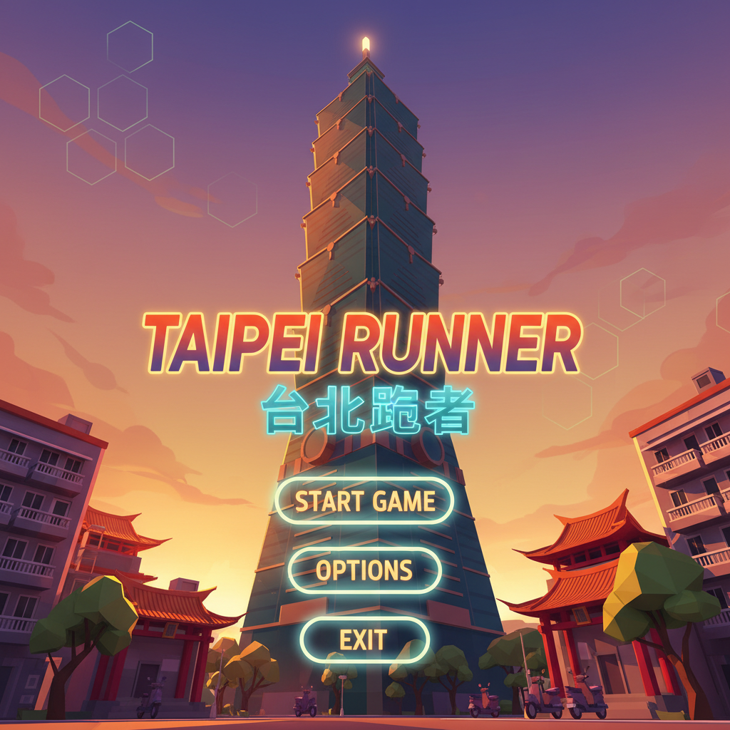 台北狂飆遊戲開始畫面，背景是低多邊形台北101