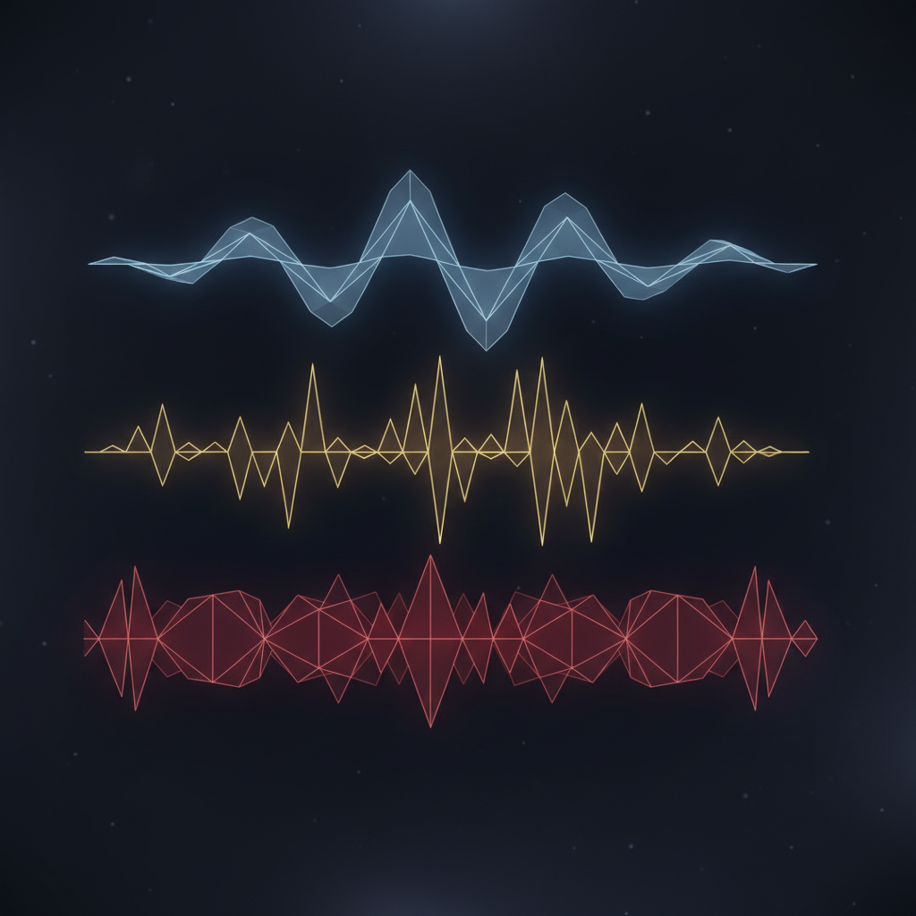 三層音波的抽象視覺化，太鼓、琴音、風聲疊合成一幅戰前寧靜的圖景