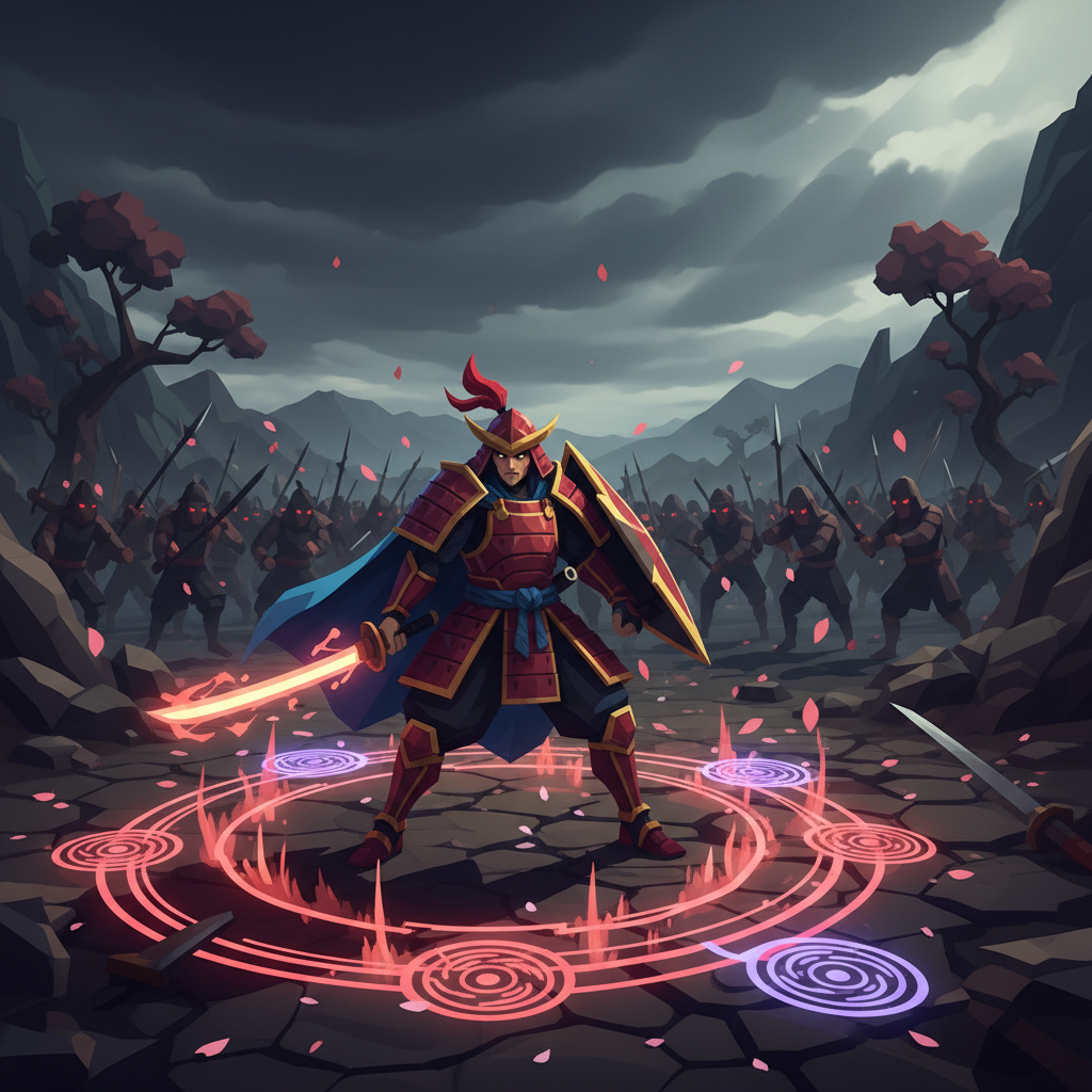 英雄武士在戰場上迎戰敵軍，櫻花飄落